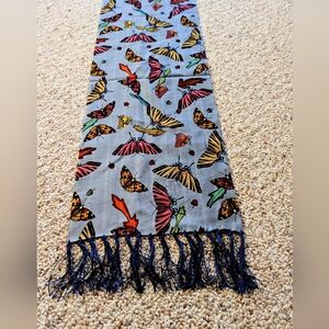 Echo Butterfly silk blend opera scarf with fringe, blue. NWOT